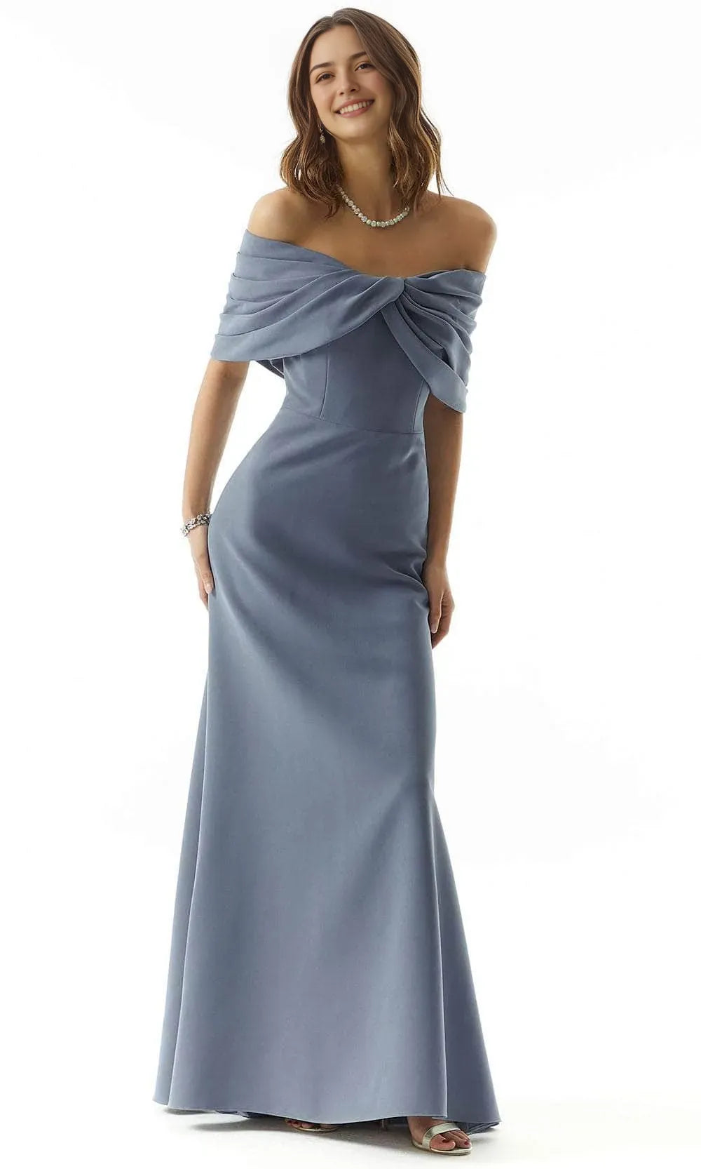 Dusty Blue Off - Shoulder Evening Dress with Twisted Drape Neckline and Mermaid Silhouette for Elegant Occasions