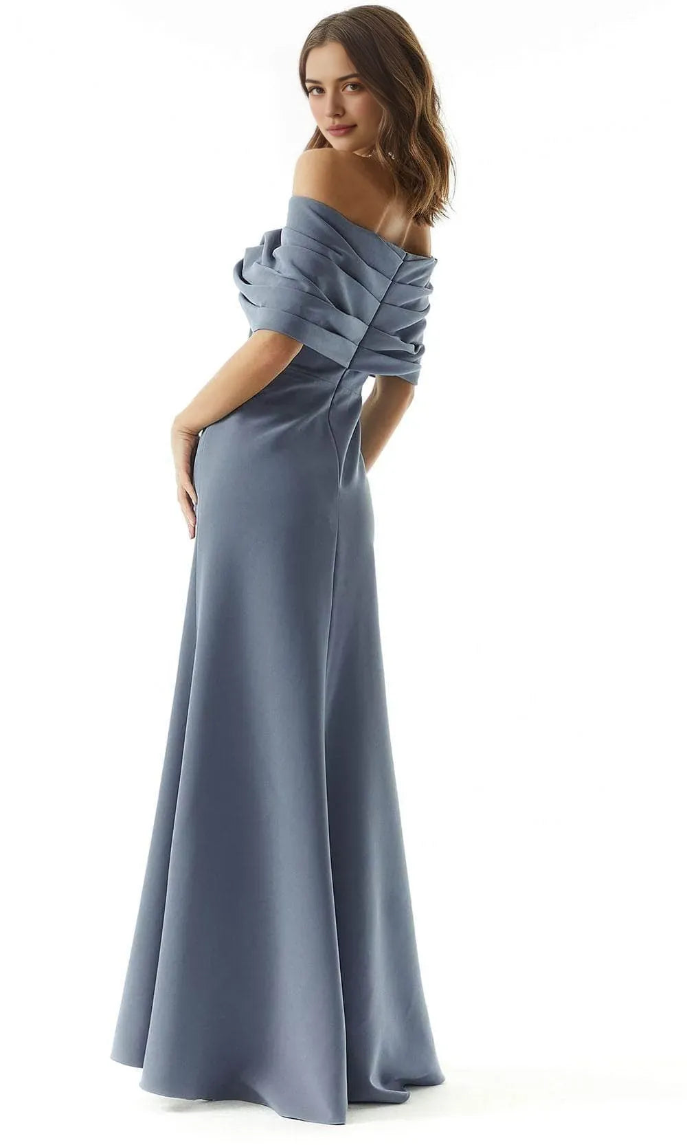Dusty Blue Off - Shoulder Evening Dress with Twisted Drape Neckline and Mermaid Silhouette for Elegant Occasions