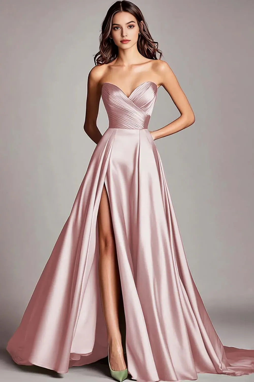 Dusty Blue Satin A Line Strapless Ruched Long Prom Dress with Slit