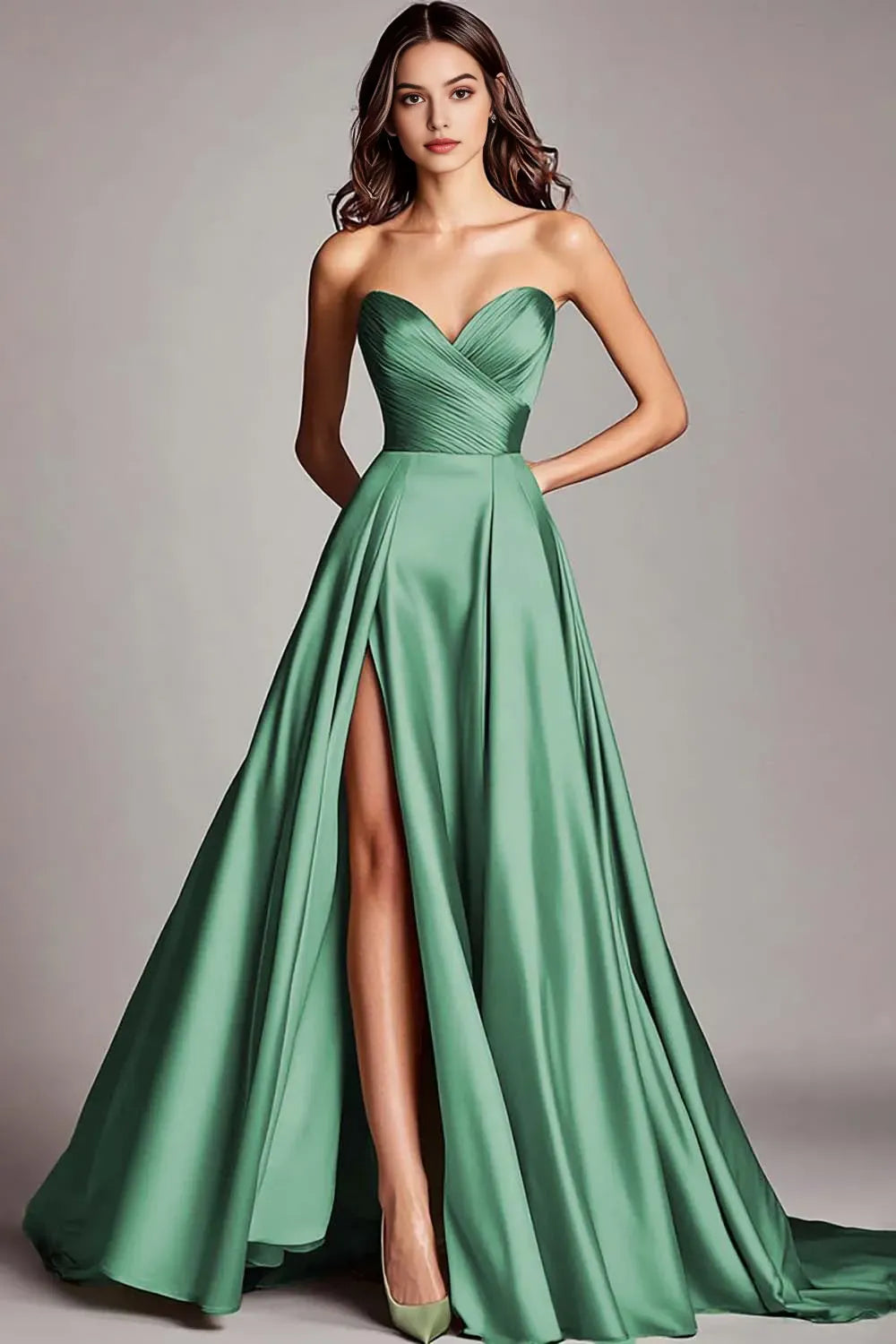 Dusty Blue Satin A Line Strapless Ruched Long Prom Dress with Slit