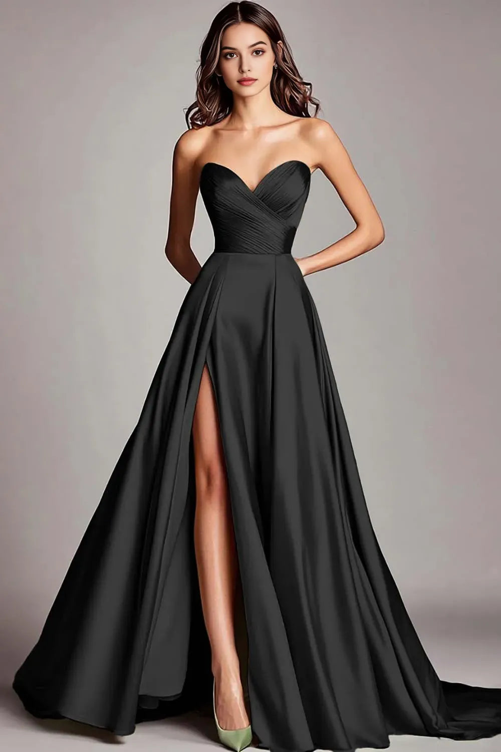 Dusty Blue Satin A Line Strapless Ruched Long Prom Dress with Slit