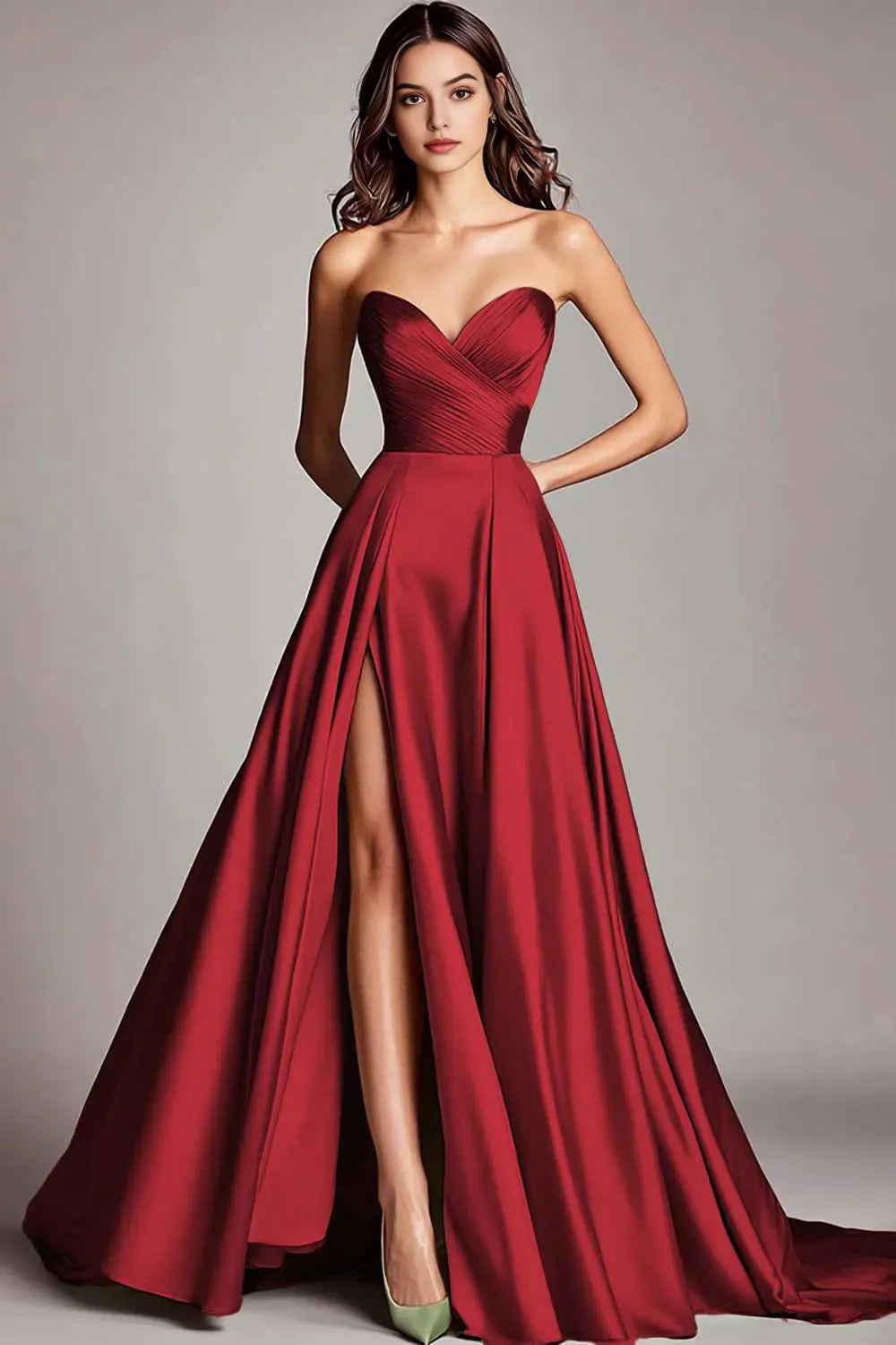 Dusty Blue Satin A Line Strapless Ruched Long Prom Dress with Slit