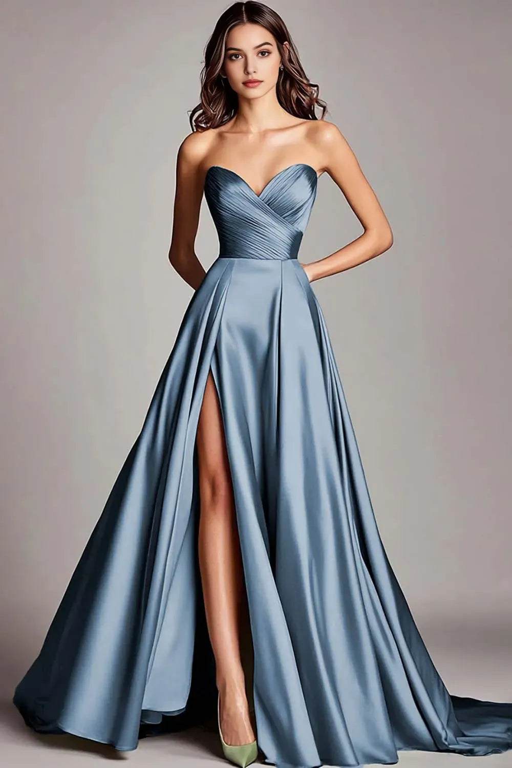 Dusty Blue Satin A Line Strapless Ruched Long Prom Dress with Slit