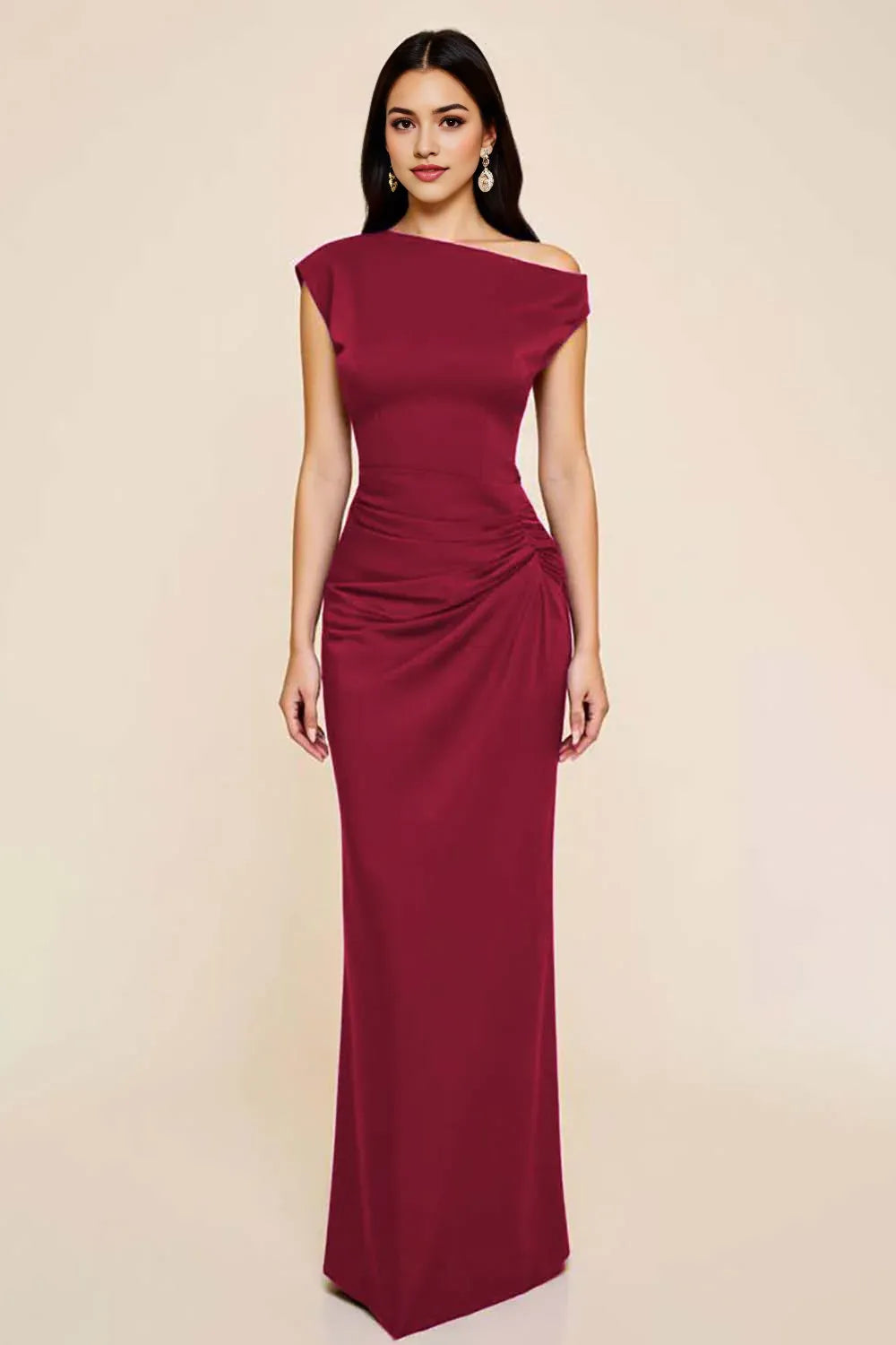 Dusty Blue Sheath Satin Asymmetrical Long Ruched Party Dresses