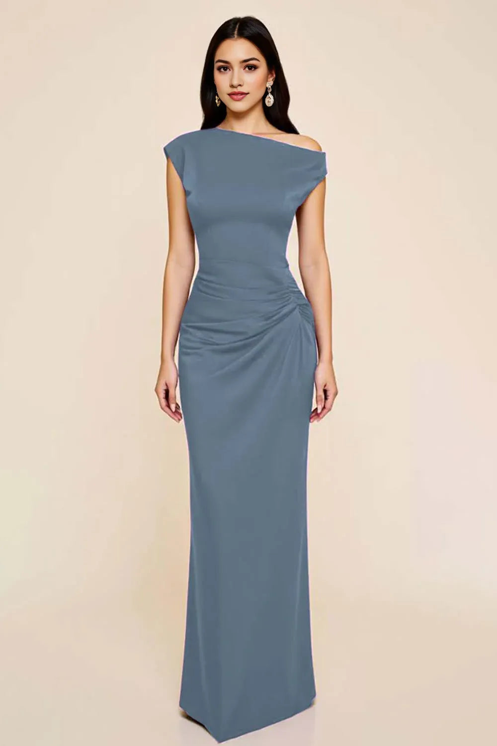 Dusty Blue Sheath Satin Asymmetrical Long Ruched Party Dresses
