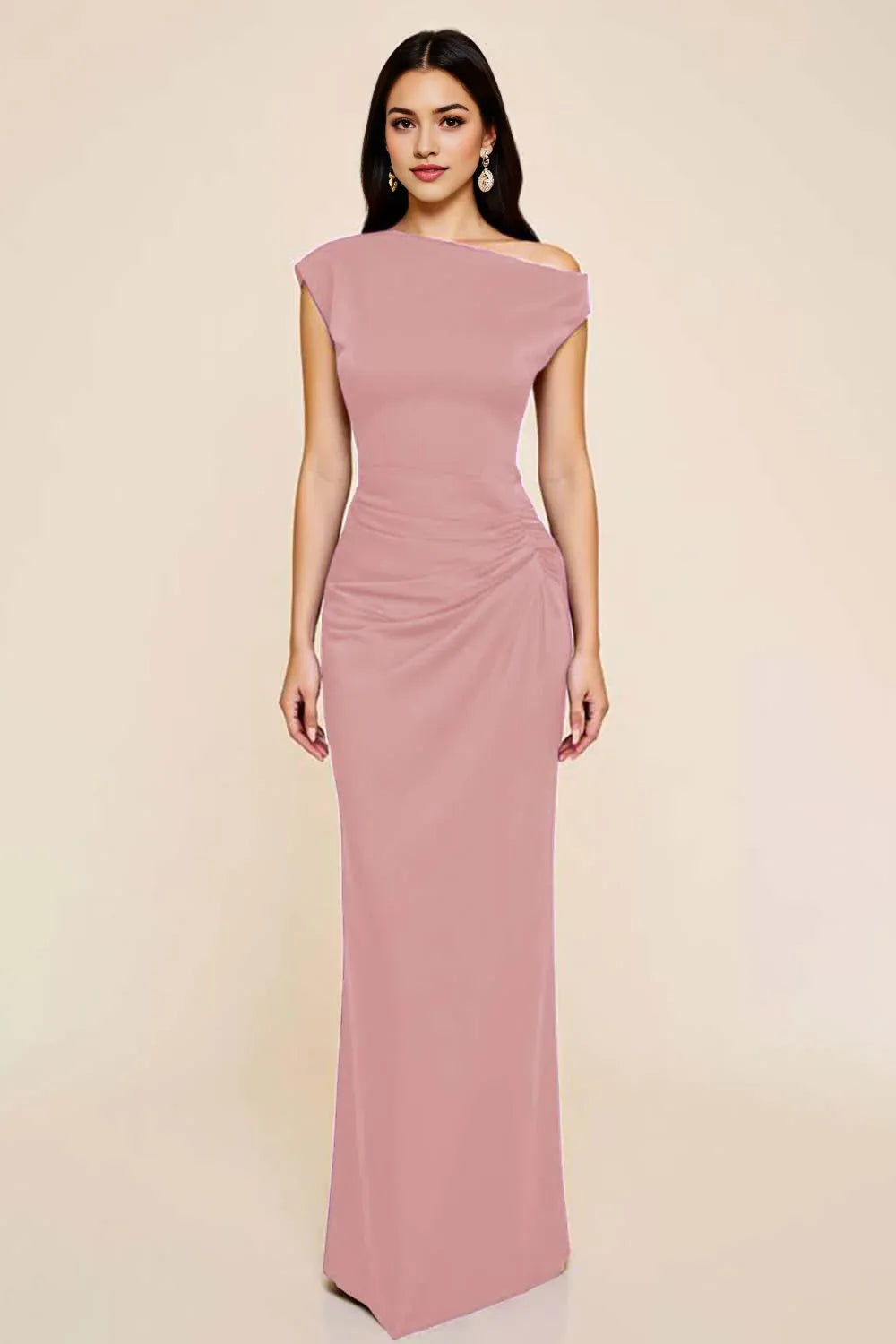 Dusty Blue Sheath Satin Asymmetrical Long Ruched Party Dresses