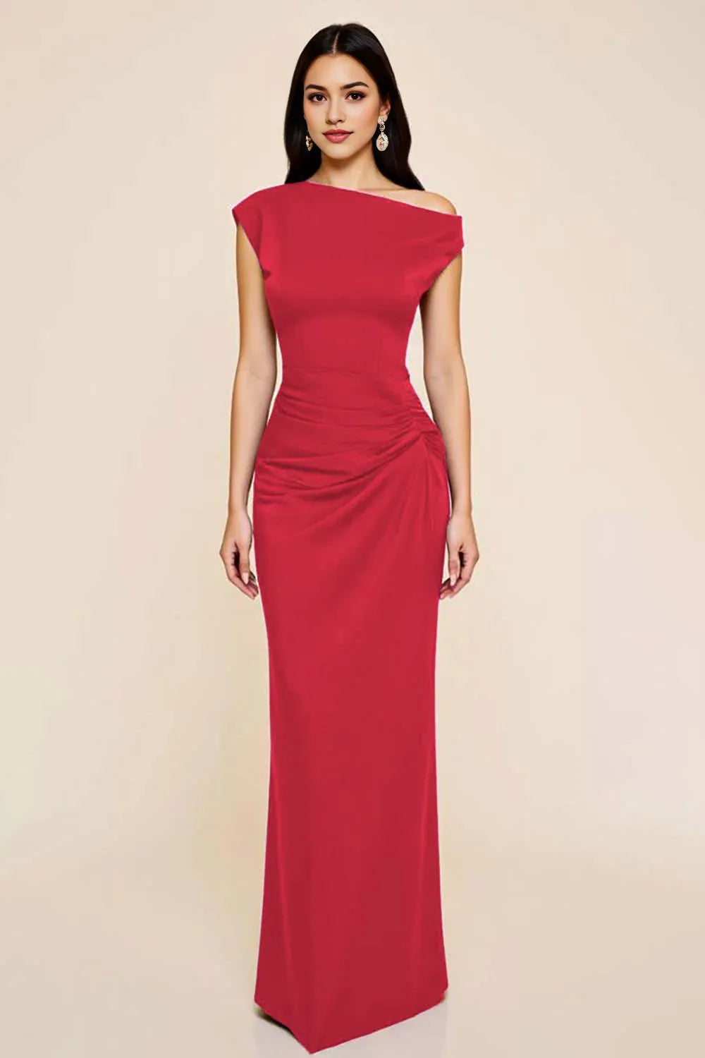 Dusty Blue Sheath Satin Asymmetrical Long Ruched Party Dresses