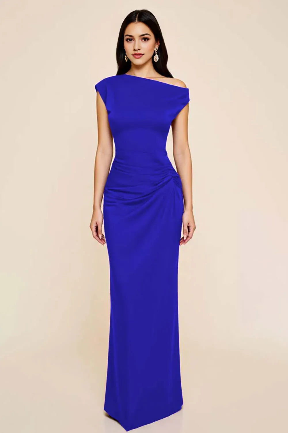 Dusty Blue Sheath Satin Asymmetrical Long Ruched Party Dresses