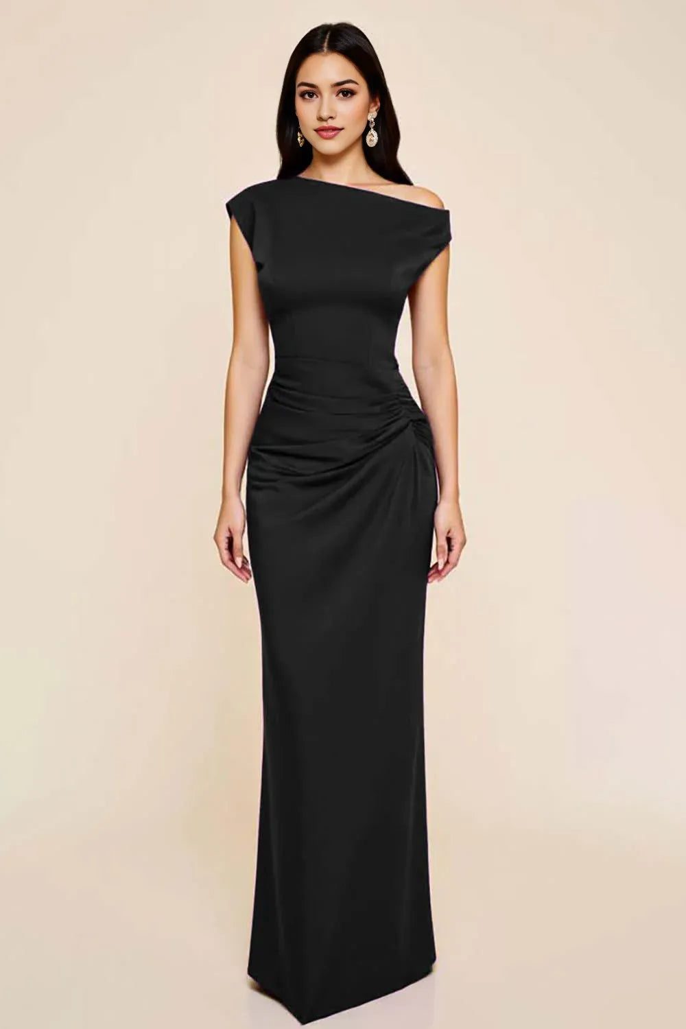 Dusty Blue Sheath Satin Asymmetrical Long Ruched Party Dresses