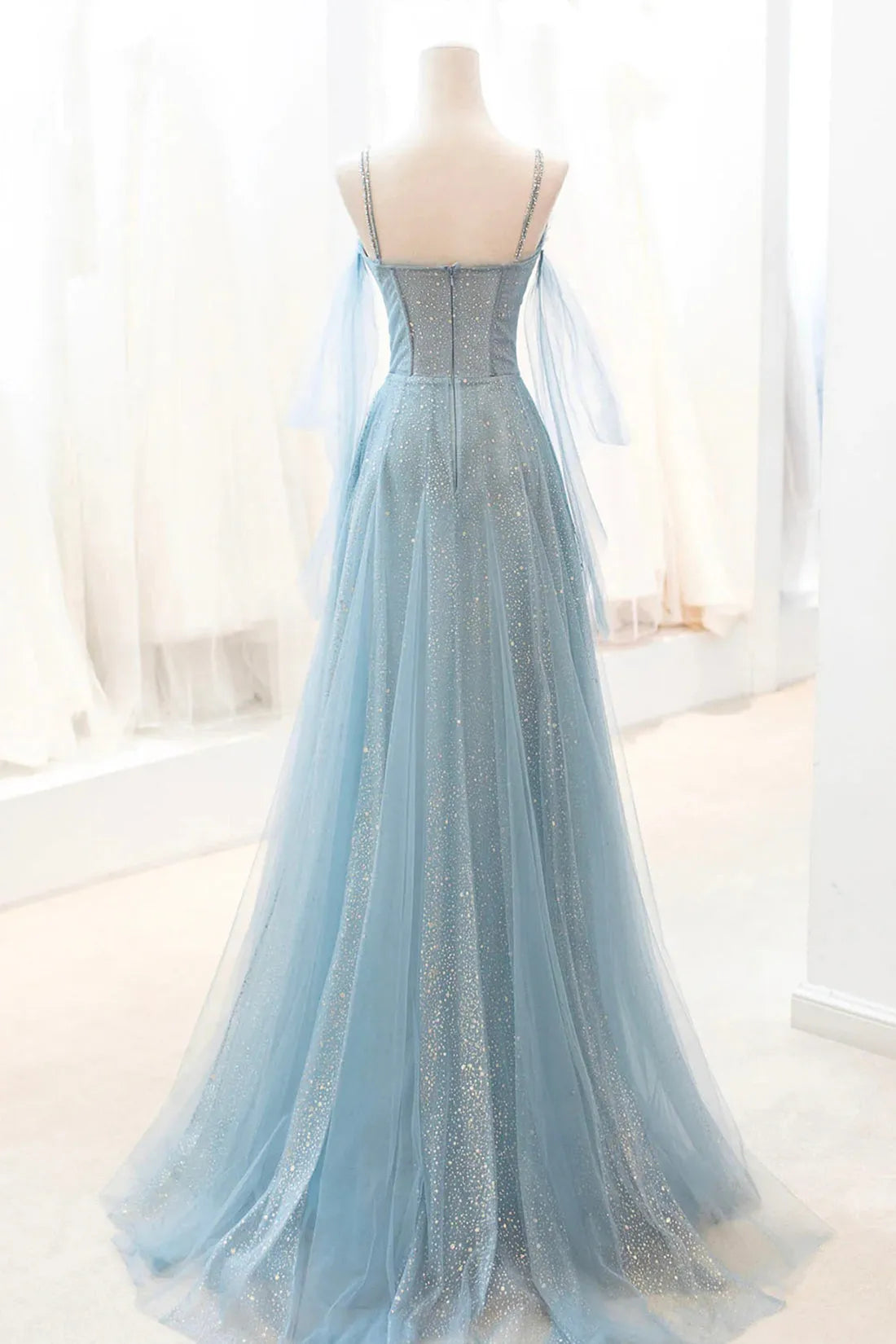 Dusty Blue Sparkly Tulle Long Prom Dress A-Line Spaghetti Strap Evening Dress