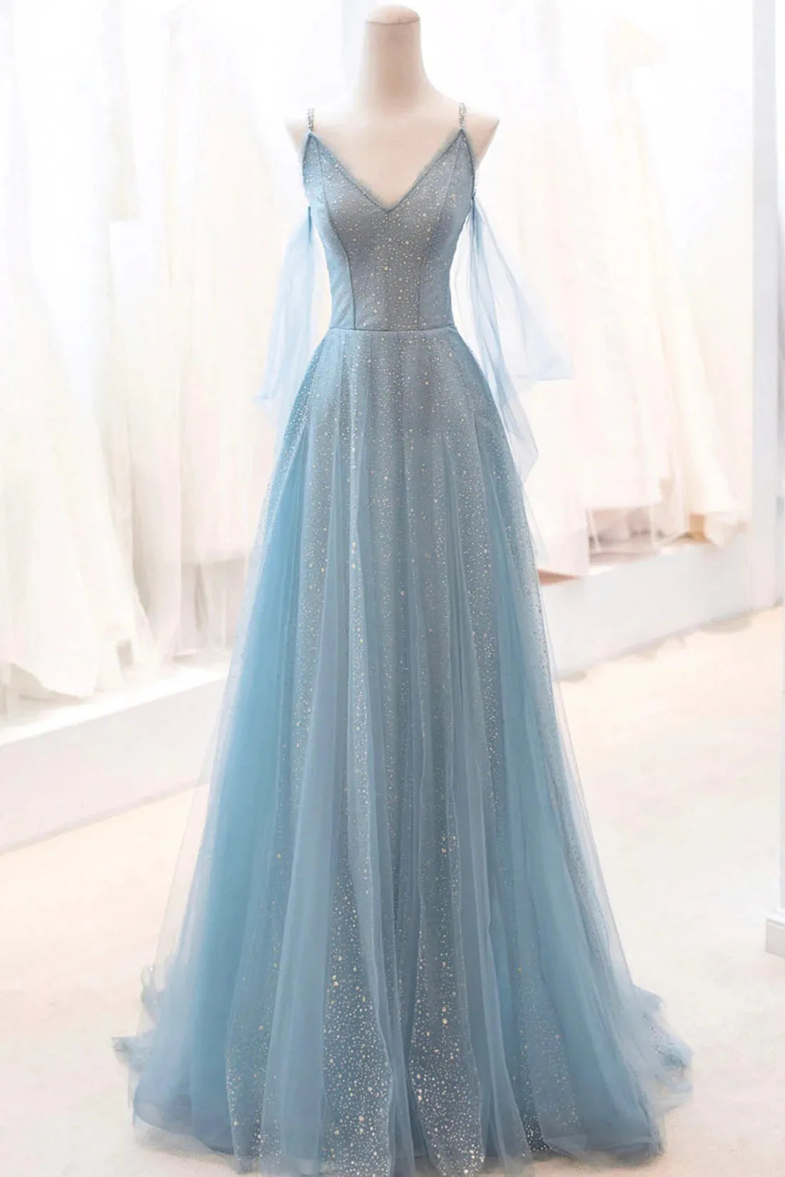 Dusty Blue Sparkly Tulle Long Prom Dress A-Line Spaghetti Strap Evening Dress