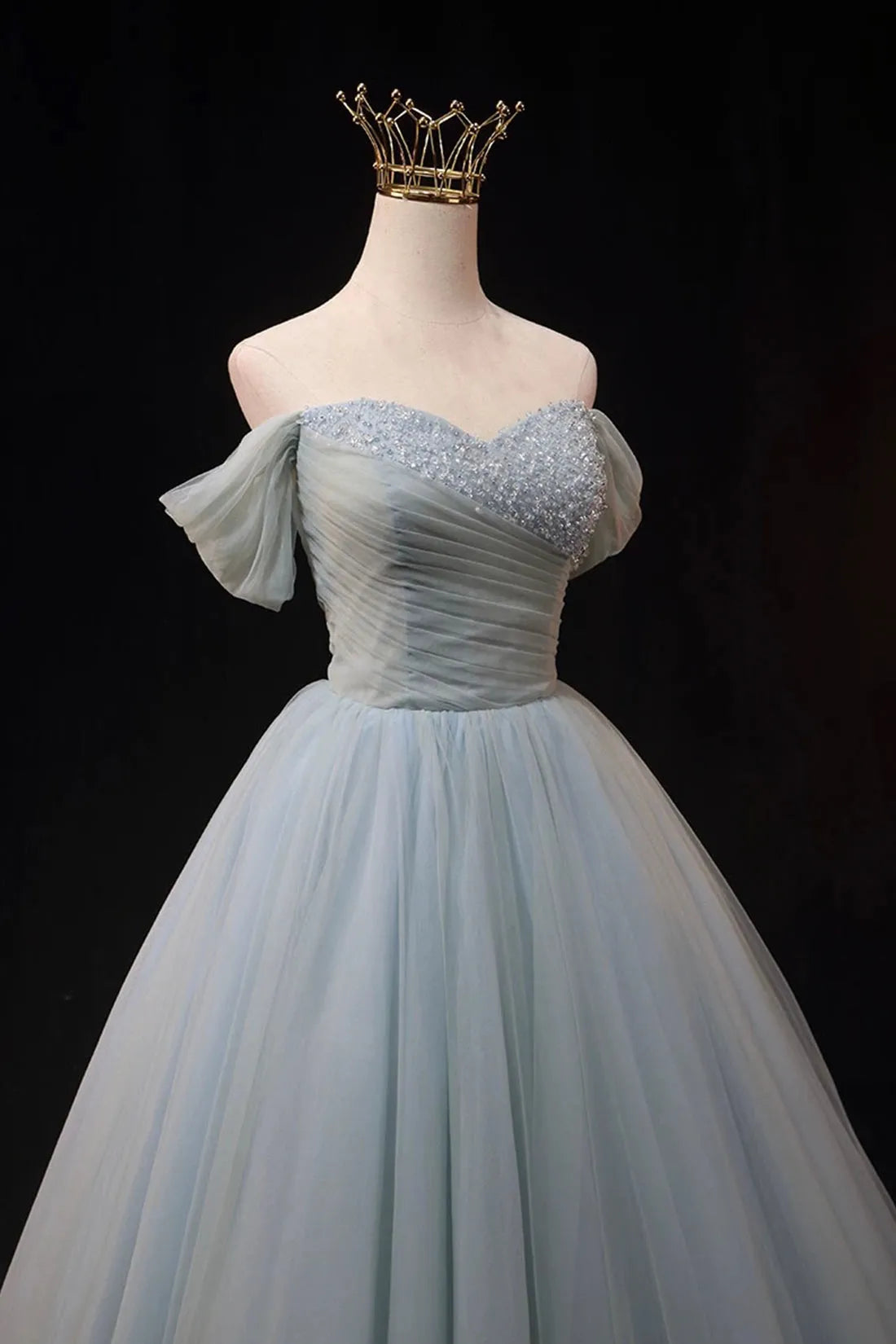 Dusty Blue Tulle Beaded Floor Length Formal Dress Off the Shoulder A-Line Evening Party Dress