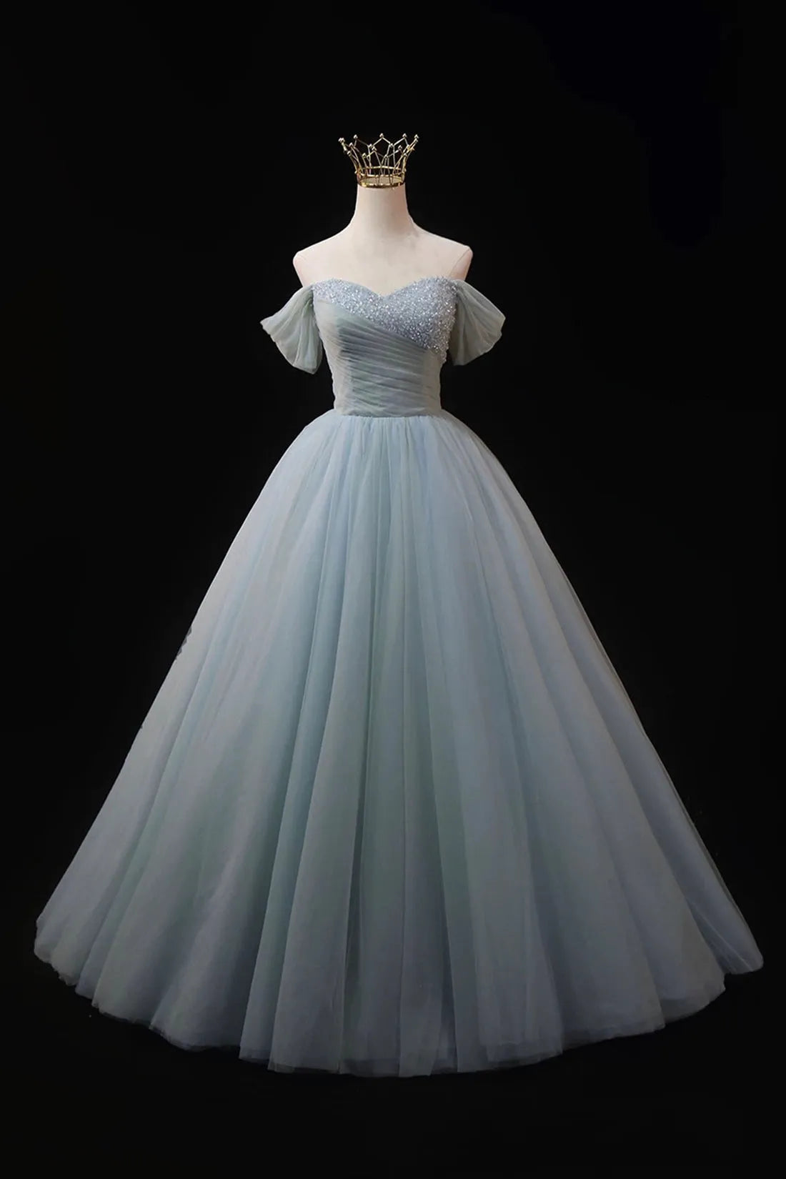 Dusty Blue Tulle Beaded Floor Length Formal Dress Off the Shoulder A-Line Evening Party Dress