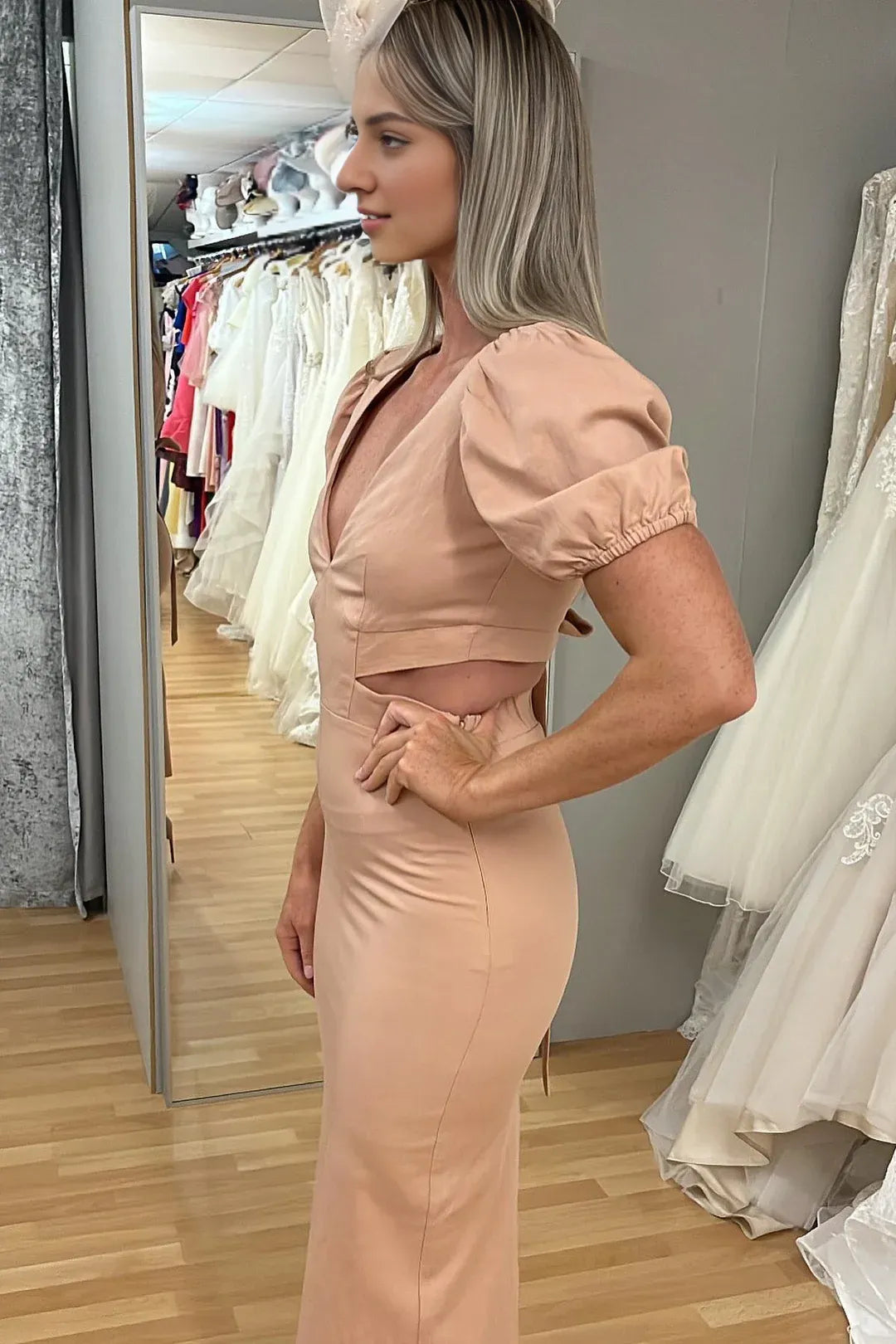 Dusty Pink Cut-Out V Neck Sheath Tea-Length Mother of the Bride Dress