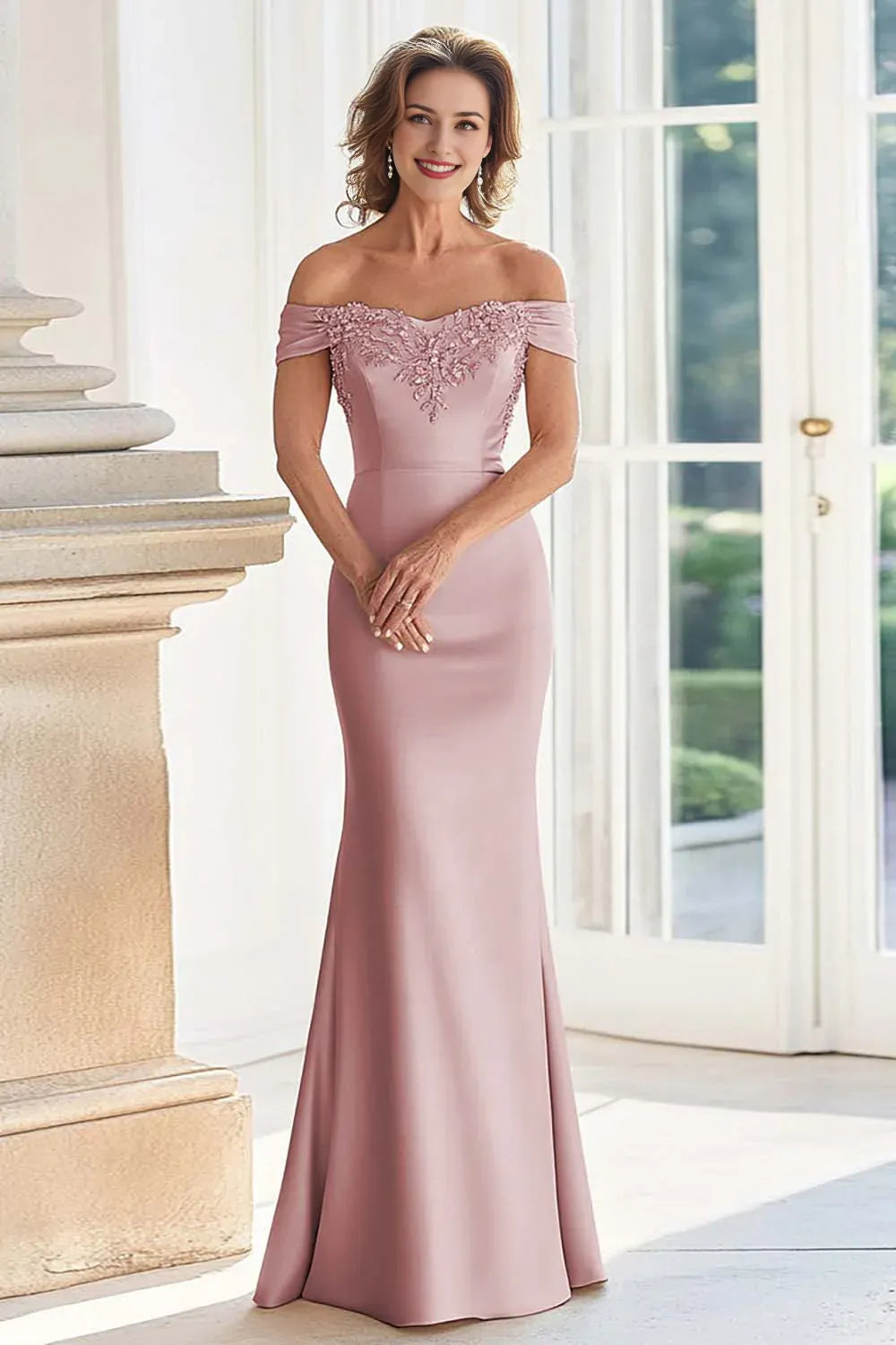 Dusty Rose Off the Shoulder Long Sheath Mother of the Bride Dress with Appliques