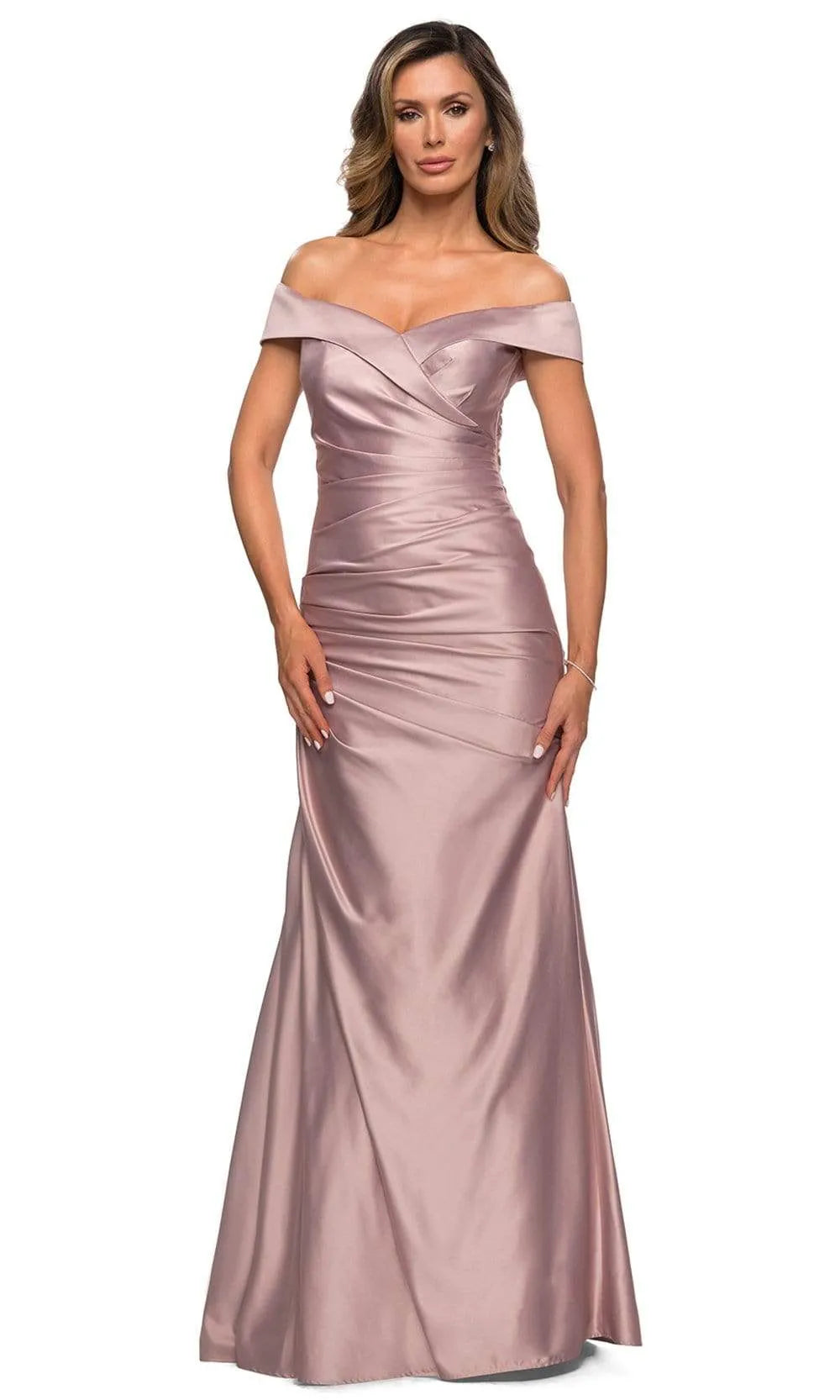 Dusty Rose Satin Off - Shoulder Evening Dress with Draped Bodice and Mermaid Silhouette for Elegant Occasions