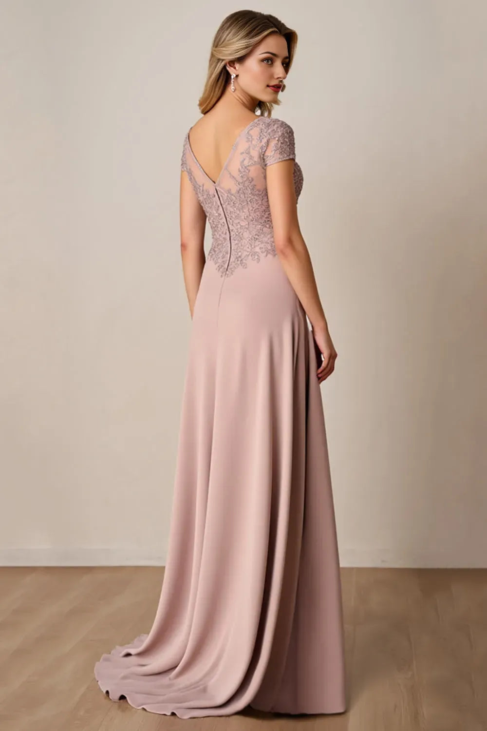 Dusty Rose V-Neck Appliqued Long Mother of the Bride Dress