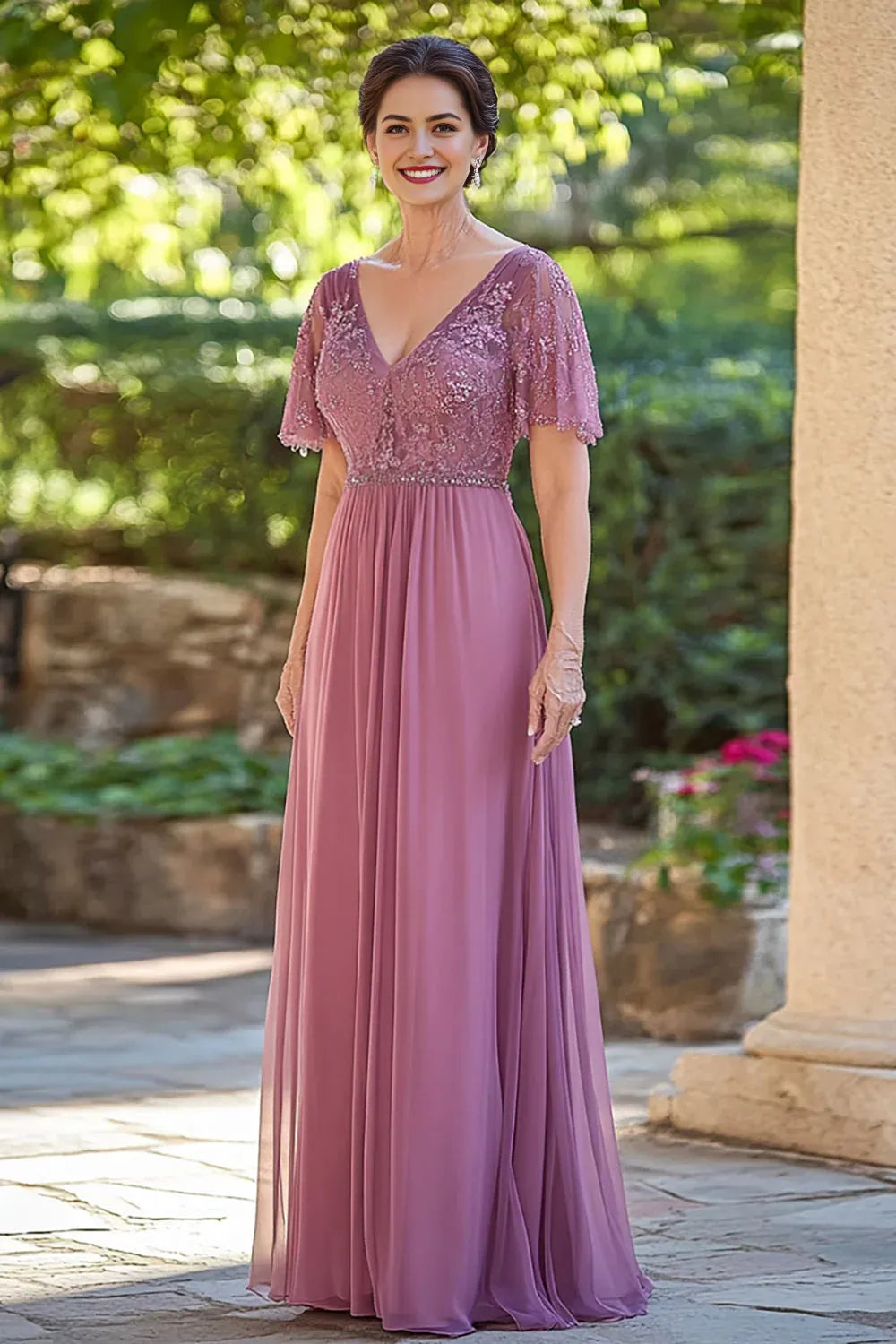 Dusty Rose V-Neck Chiffon Applique Mother of the Bride Dress