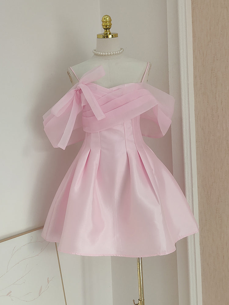 Pink A-line off-the-shoulder tulle satin short prom dress pink homecoming dress