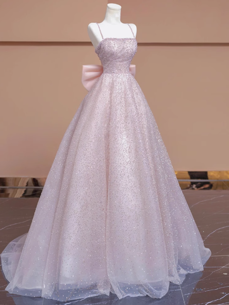 Pink A-line tulle beaded long prom dress pink formal long dress