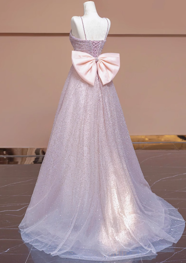 Pink A-line tulle beaded long prom dress pink formal long dress