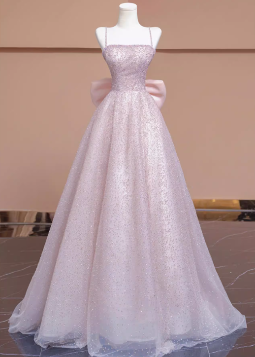 Pink A-line tulle beaded long prom dress pink formal long dress