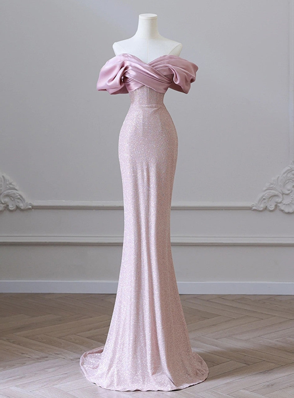 Pink Mermaid Off the Shoulder Long Prom DressPink Formal Prom Dress