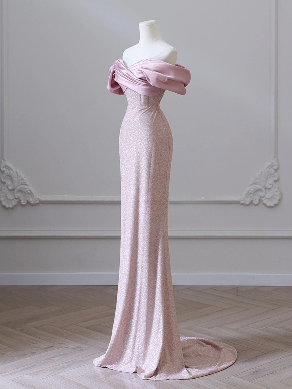 Pink Mermaid Off the Shoulder Long Prom DressPink Formal Prom Dress