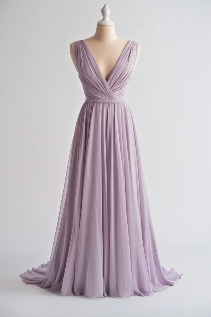 Light Purple A-line V-neck Chiffon Long Prom Dress Simple Bridesmaid Dress