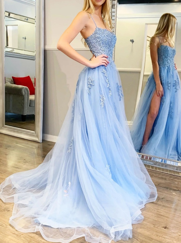 Light Blue A-Line Spaghetti Strap Lace Tulle Long Prom Dress