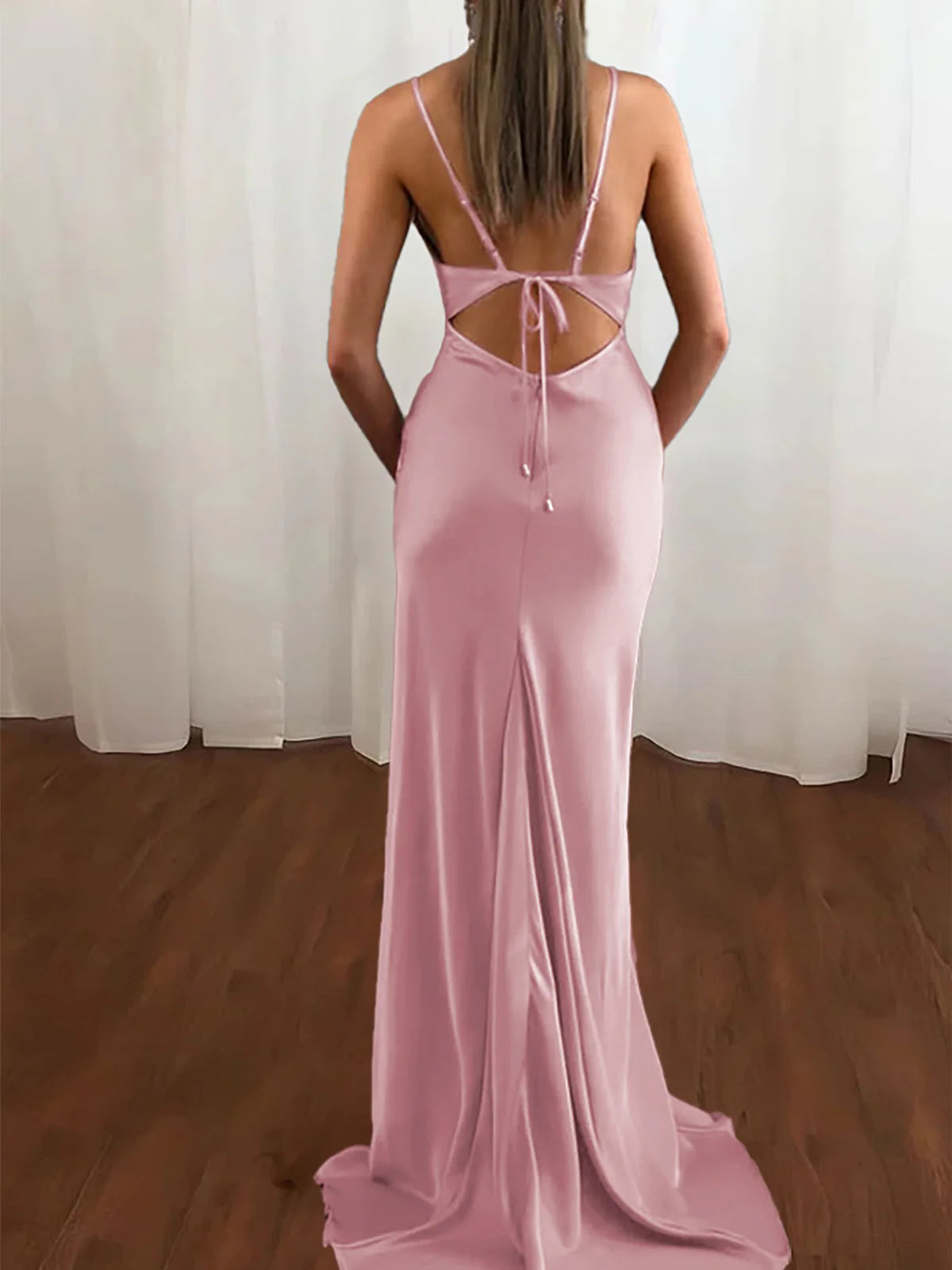Dusty Pink Spaghetti Straps Satin Mermaid Prom Dress