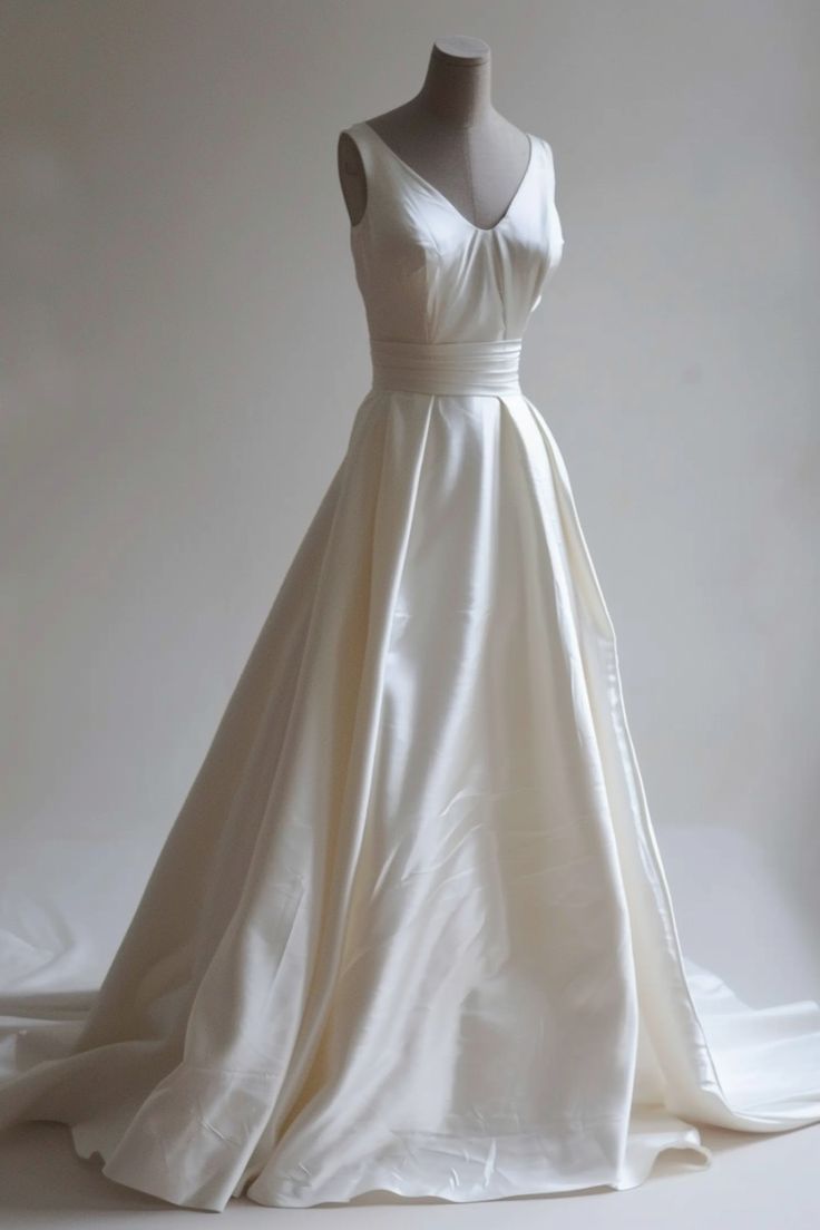 White A-line V-neck Satin Train Long Prom Dress Simple Wedding Dress
