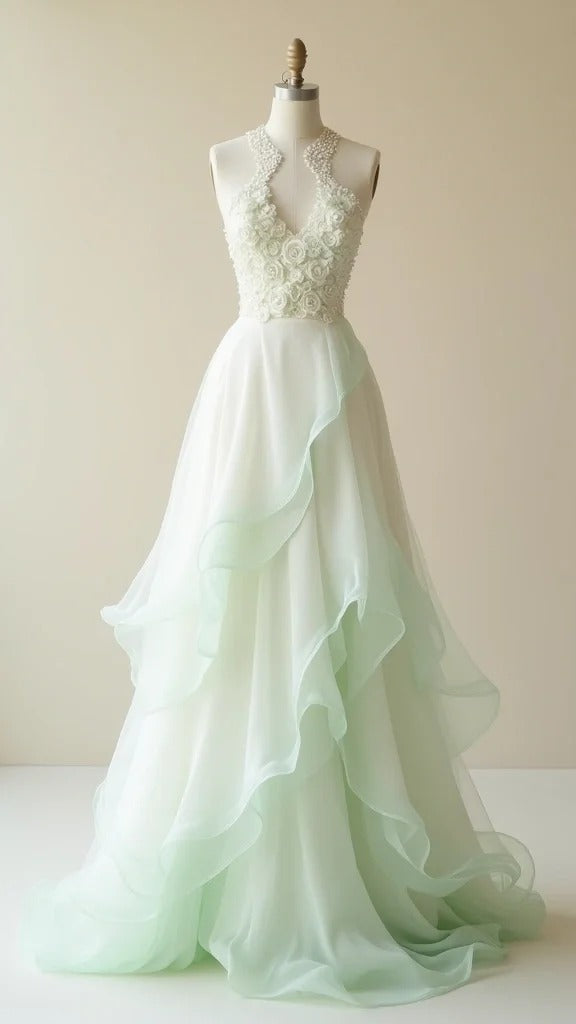 Gentle Gradient Light Green V neck A-Line Tulle Long Prom Dresses Sweet Beaded Applique Formal Evening Dress