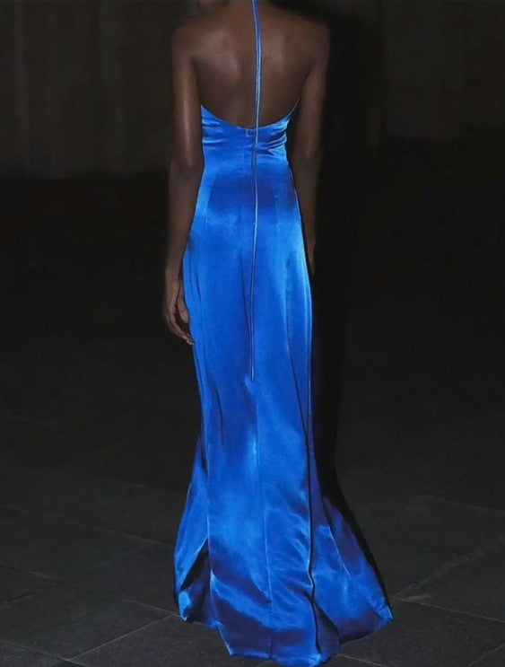 Elegant Royal Blue V-neck Sheath Evening Dress Sexy Backless Satin Long Prom Dresses with Slits
