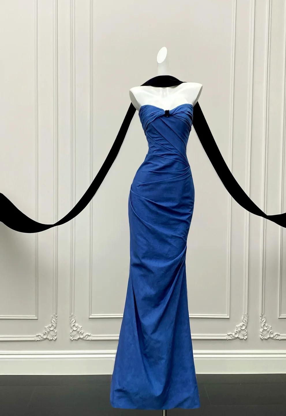 Elegant Blue Mermaid Strapless Satin Long Prom Dresses Formal Evening Gowns