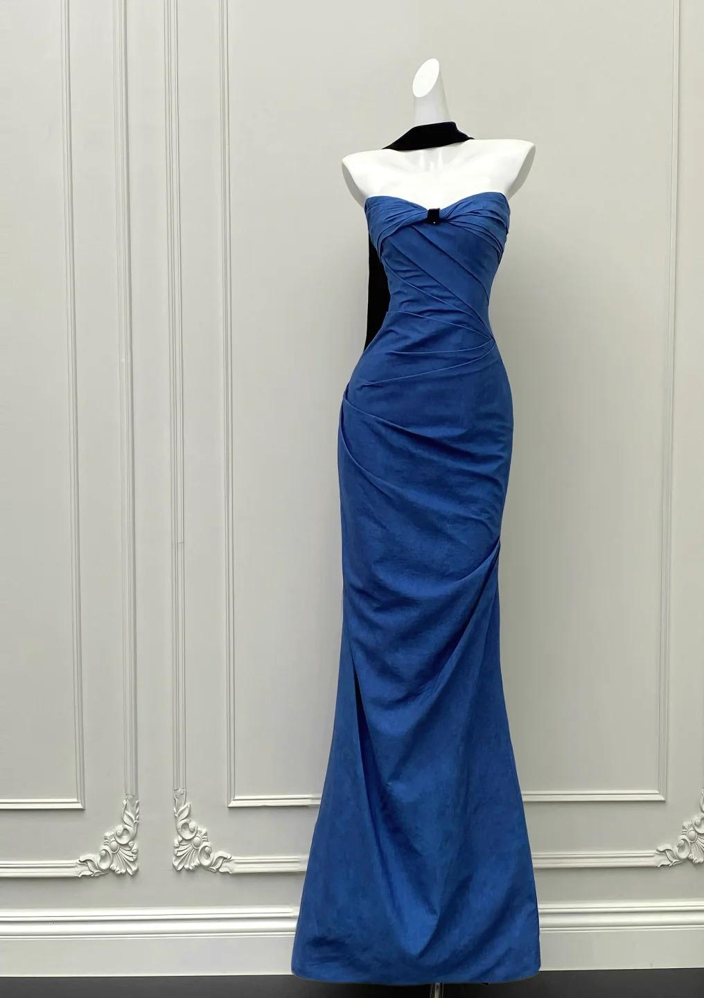 Elegant Blue Mermaid Strapless Satin Long Prom Dresses Formal Evening Gowns