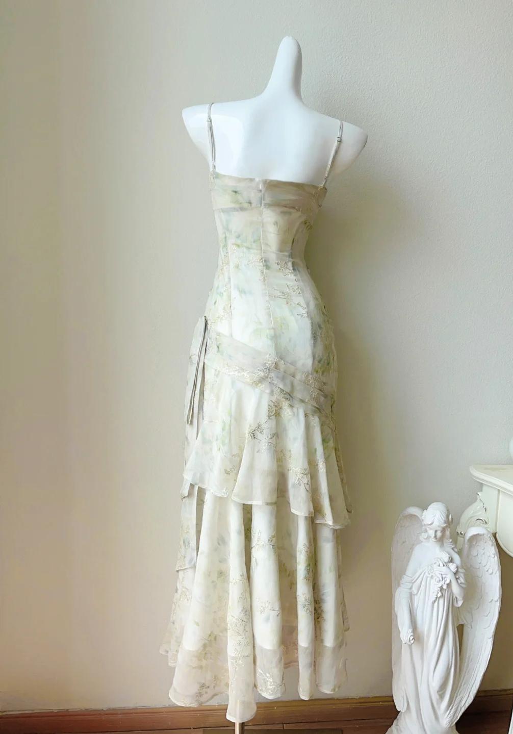Vintage Print Chiffon Spaghetti Straps Layered Ruffles Prom Dresses