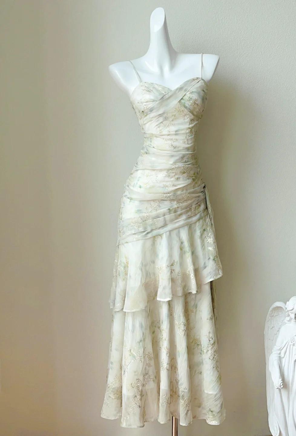 Vintage Print Chiffon Spaghetti Straps Layered Ruffles Prom Dresses