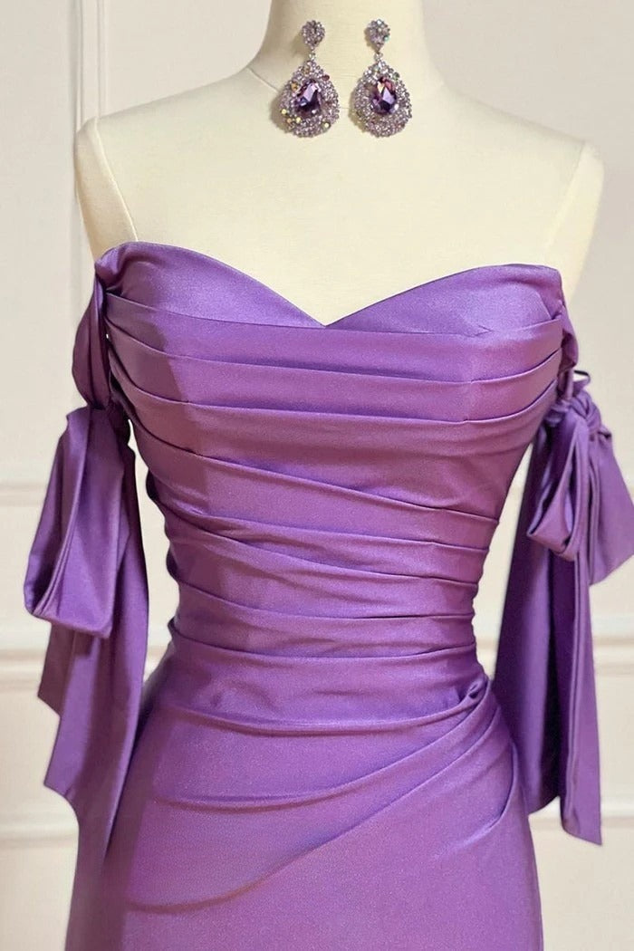 Fashion Purple Sweetheart Satin Pleated Sheath Silt Prom Dresses Elegant Formal Evening Gowns