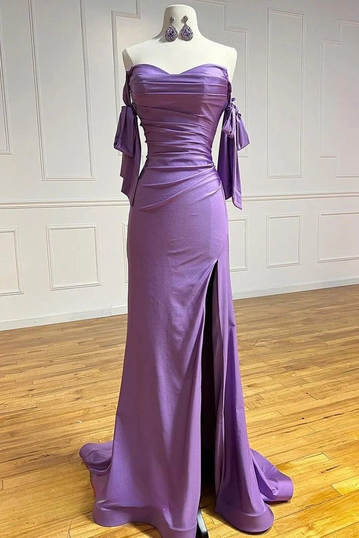 Fashion Purple Sweetheart Satin Pleated Sheath Silt Prom Dresses Elegant Formal Evening Gowns
