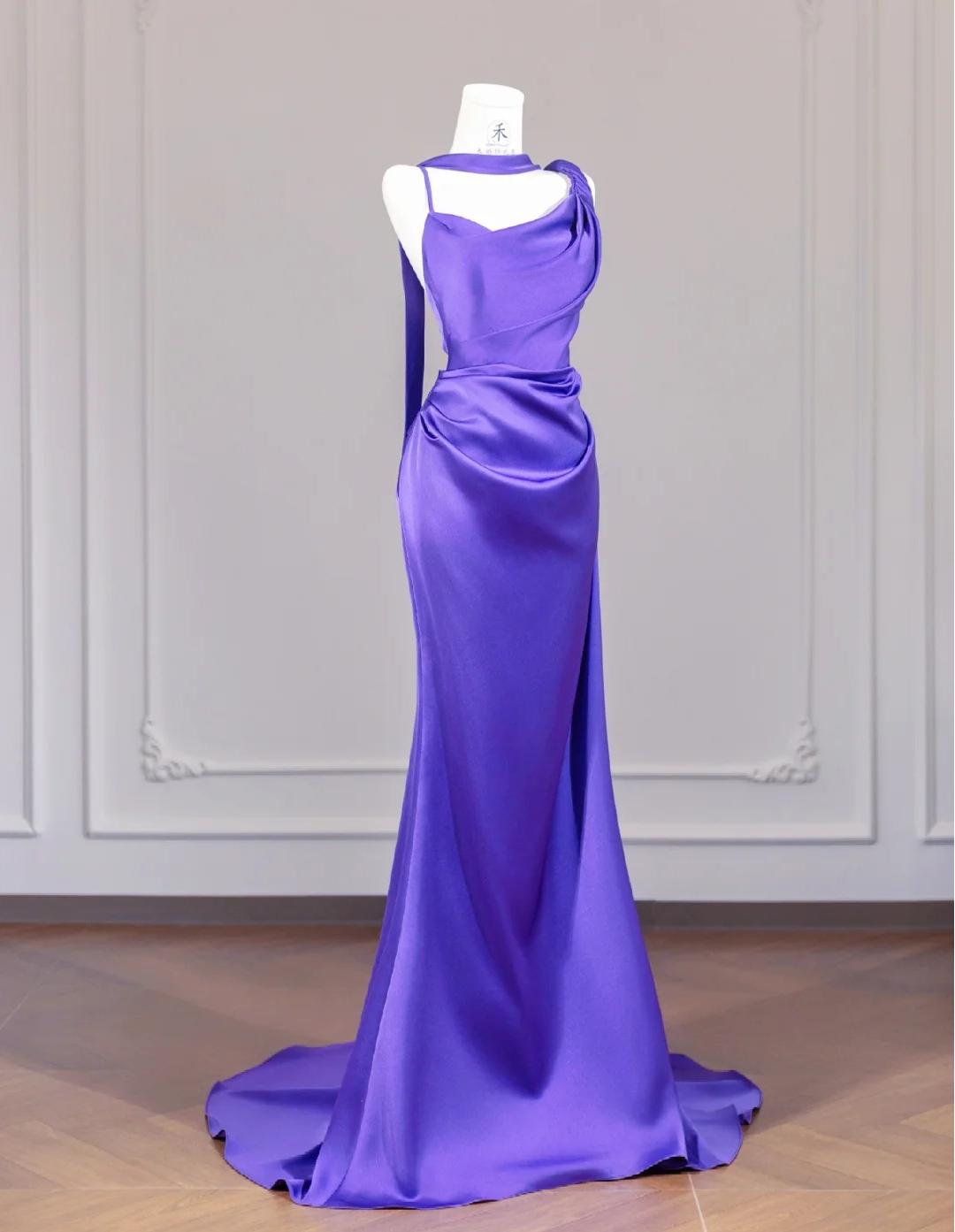 Elegant Purple Strap Mermaid Satin Backless Long Prom Dresses Formal Evening Gowns