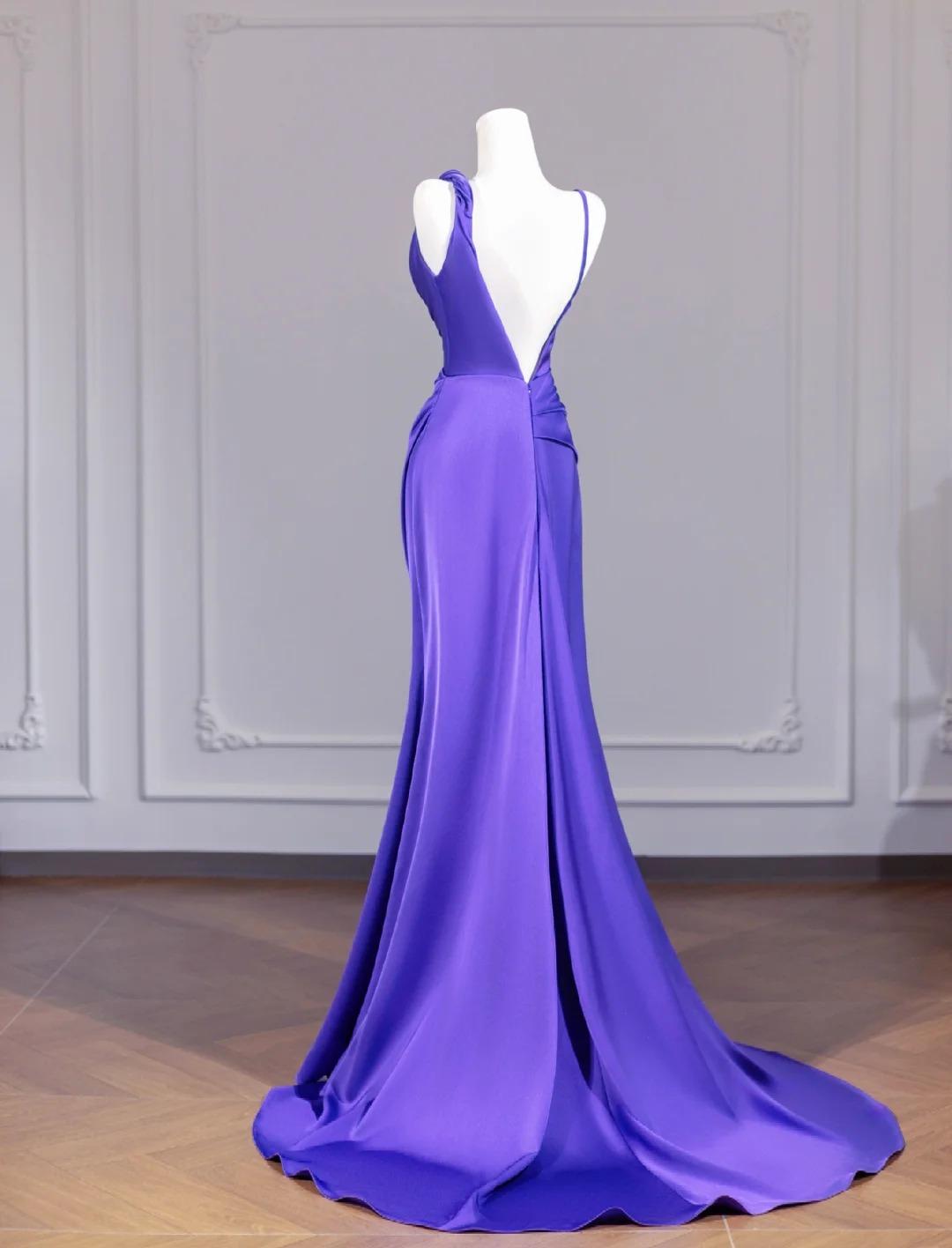 Elegant Purple Strap Mermaid Satin Backless Long Prom Dresses Formal Evening Gowns