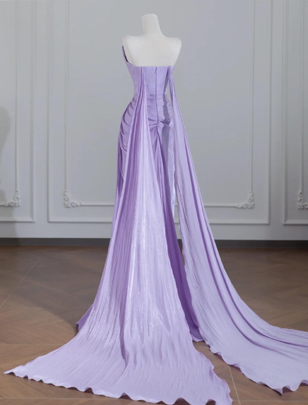 Simple Purple Strapless Mermaid Pleated Train Prom Dresses Formal Evening Gowns