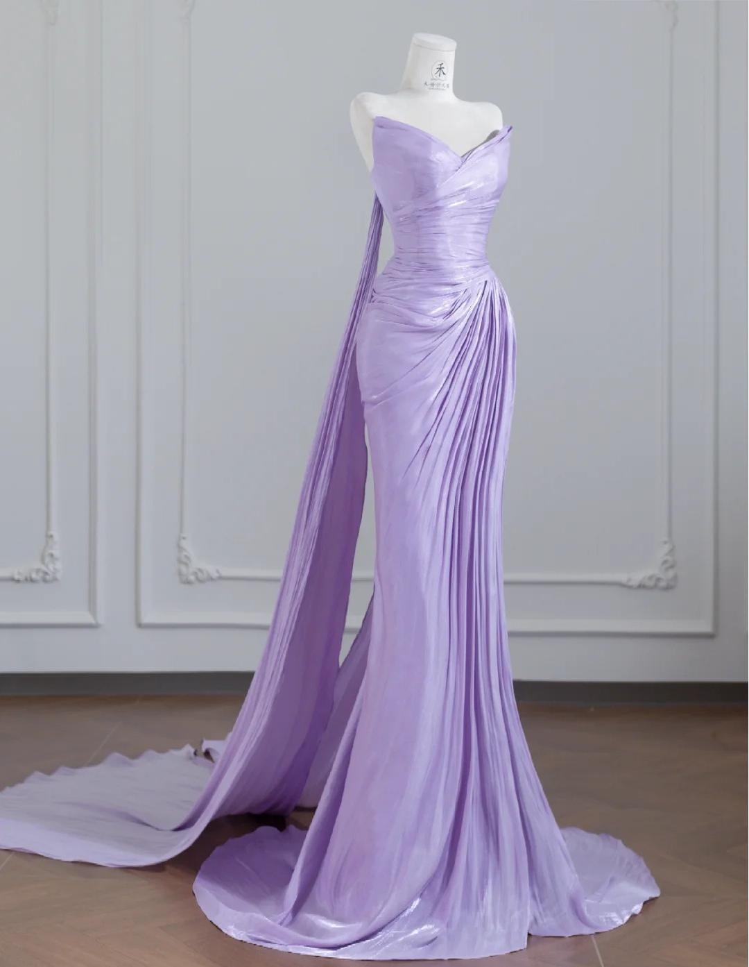 Simple Purple Strapless Mermaid Pleated Train Prom Dresses Formal Evening Gowns