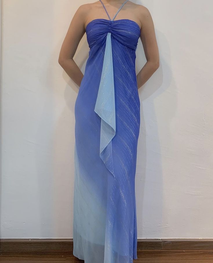 Vintage Gradient Blue Halter Neck Sheath Long Prom Dresses Elegant Party Dress