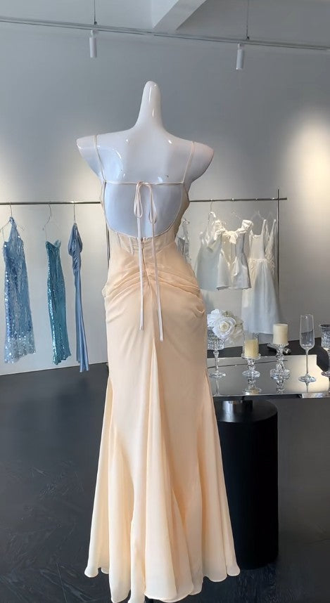 Simple Light Champagne Sweetheart Neck Chiffon Open Back Sheath Long Prom Dresses Formal Evening Gowns
