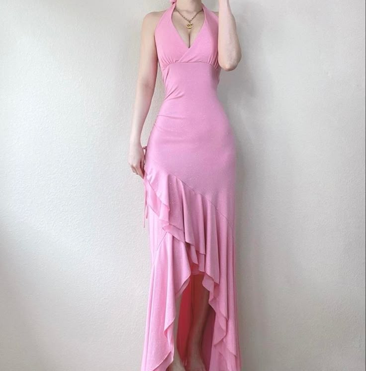 Pretty Pink Halter Neck Ruffle Sheath Party Dresses with Slits