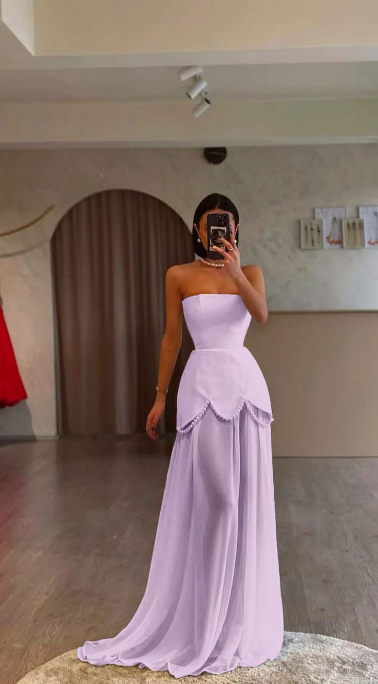 Elegant Purple Strapless A-Line Chiffon Long Prom Dresses Formal Evening Gowns