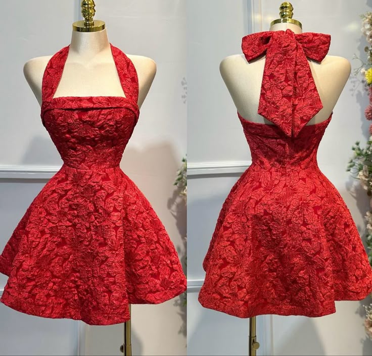 Gorgeous Red A-Line Halter Neck Homecoming Dress Jacquard Satin Open Back Short Prom Dresses