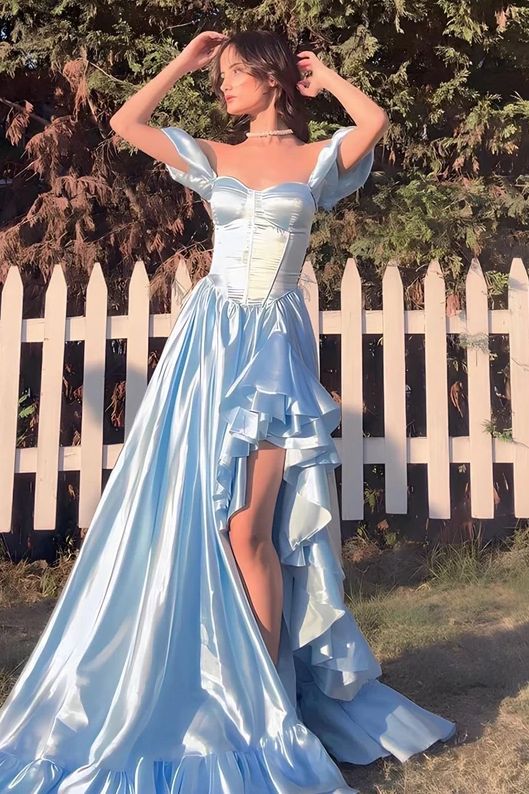 Stunning Sky Blue Sweetheart Neck A-Line Satin Prom Dresses Formal Evening Gowns with Slits